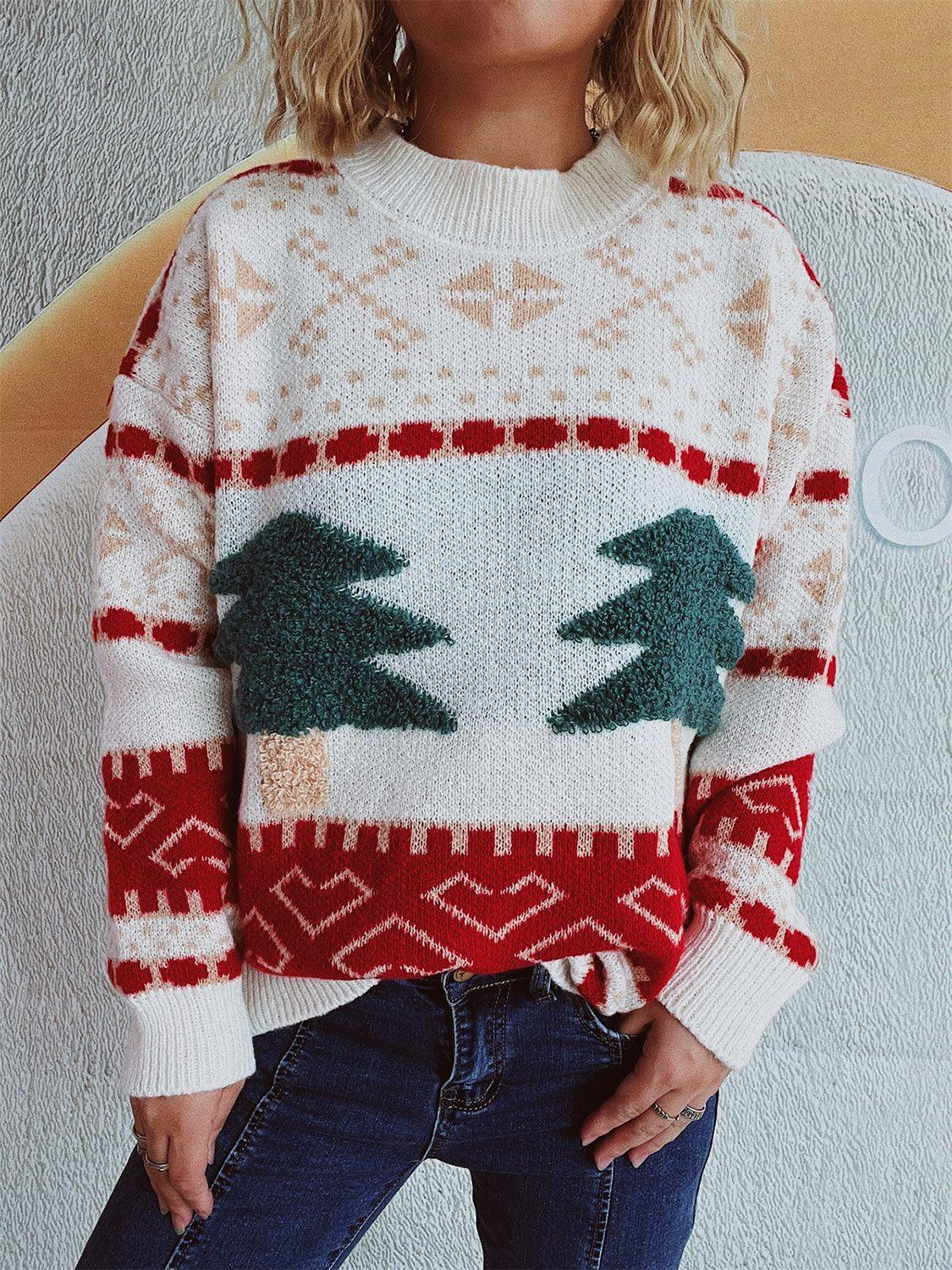 Christmas Tree Mock Neck Long Sleeve Sweater - Clothes For Her Online Store