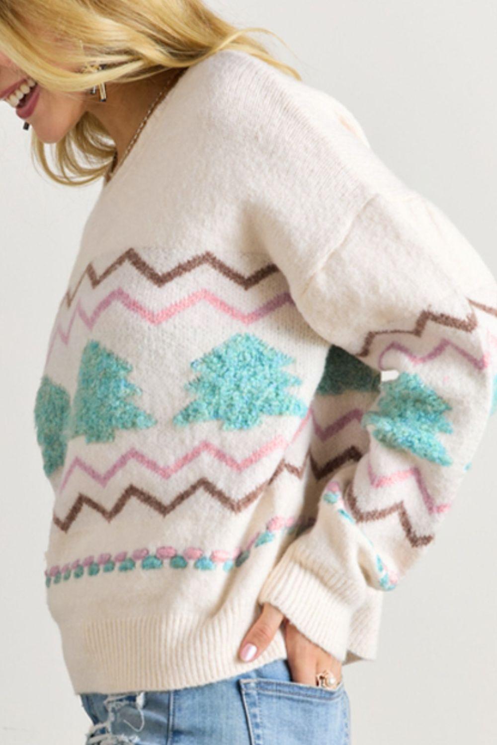 Christmas Tree Ribbed Hem Dropped Shoulder Sweater - Clothes For Her Online Store