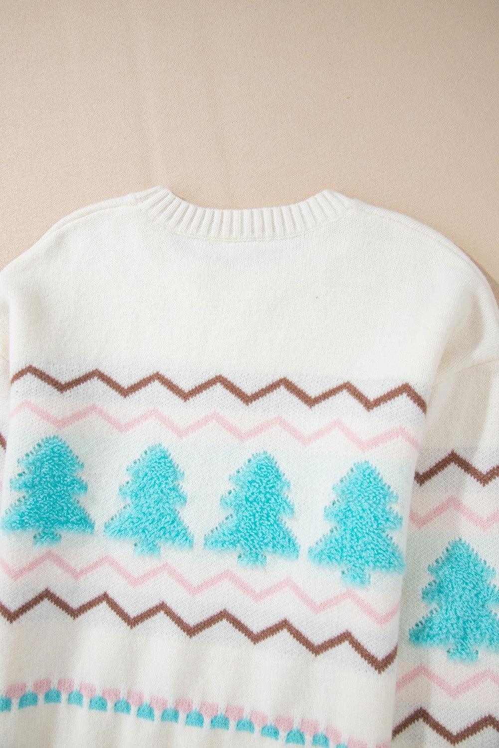 Christmas Tree Ribbed Hem Dropped Shoulder Sweater - Clothes For Her Online Store