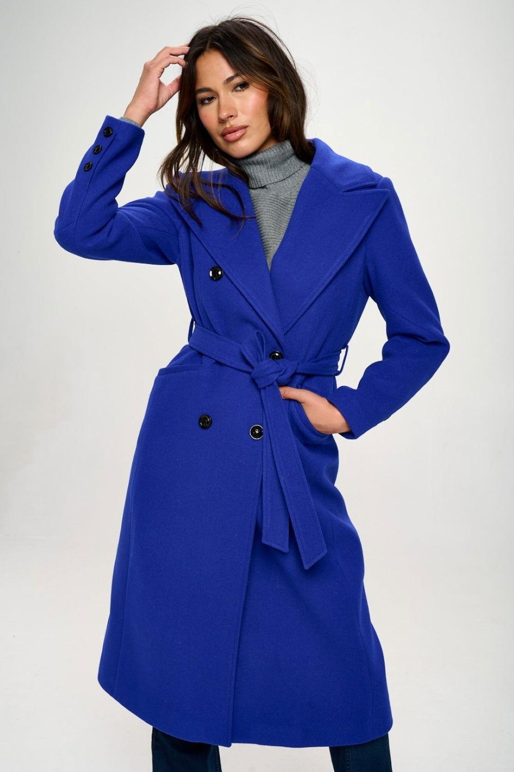 Coalition LA Double-Breasted Longline Coat with Belt - Clothes For Her Online Store