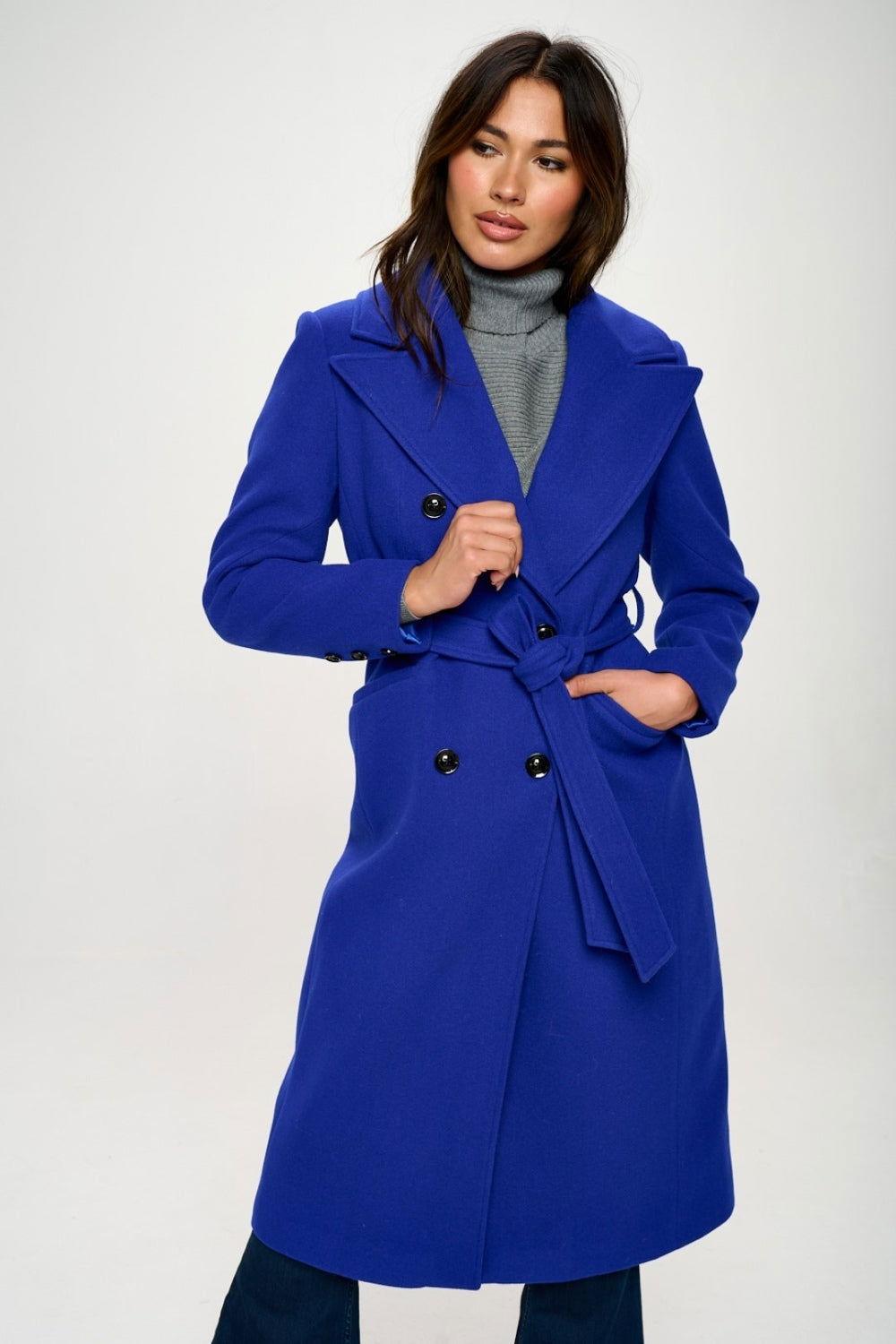 Coalition LA Double-Breasted Longline Coat with Belt - Clothes For Her Online Store