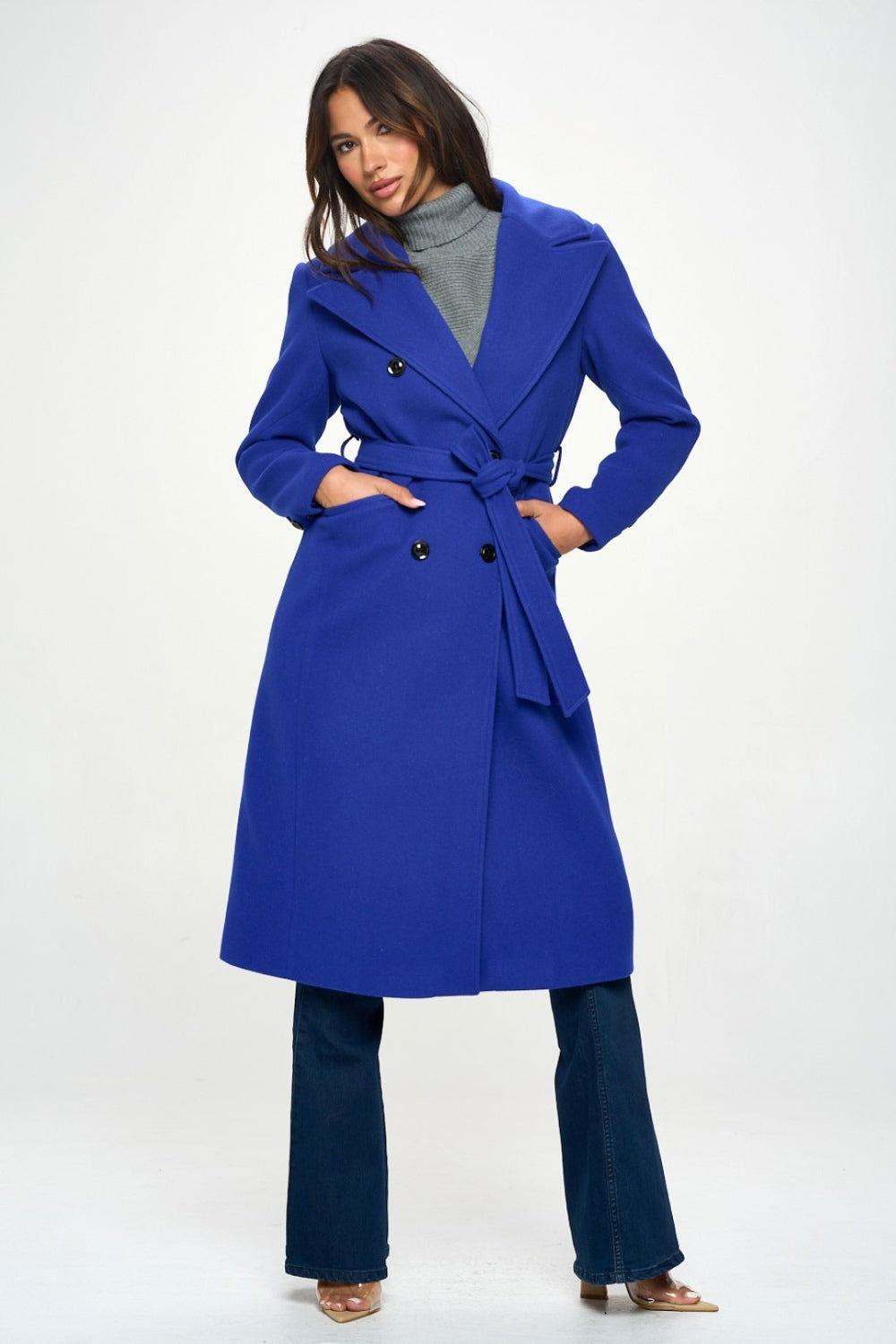 Coalition LA Double-Breasted Longline Coat with Belt - Clothes For Her Online Store