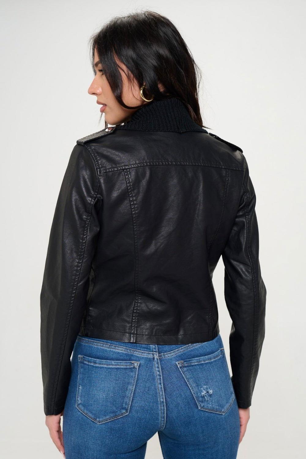 Coalition LA Knit Collared Faux Leather Crop Jacket - Clothes For Her Online Store