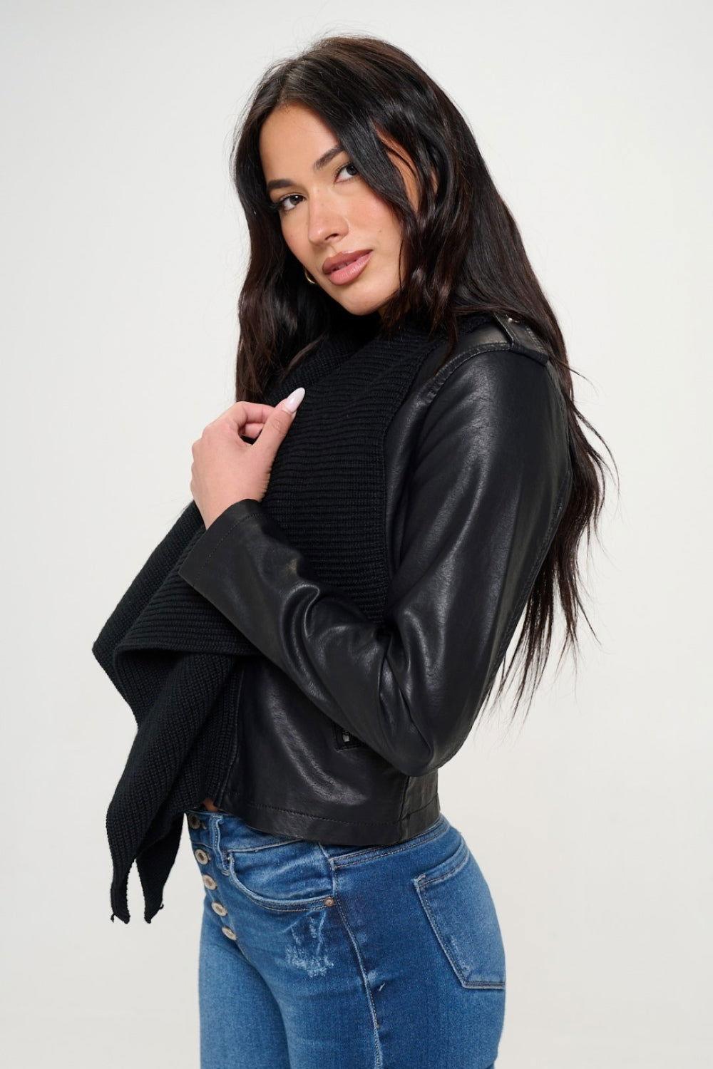 Coalition LA Knit Collared Faux Leather Crop Jacket - Clothes For Her Online Store