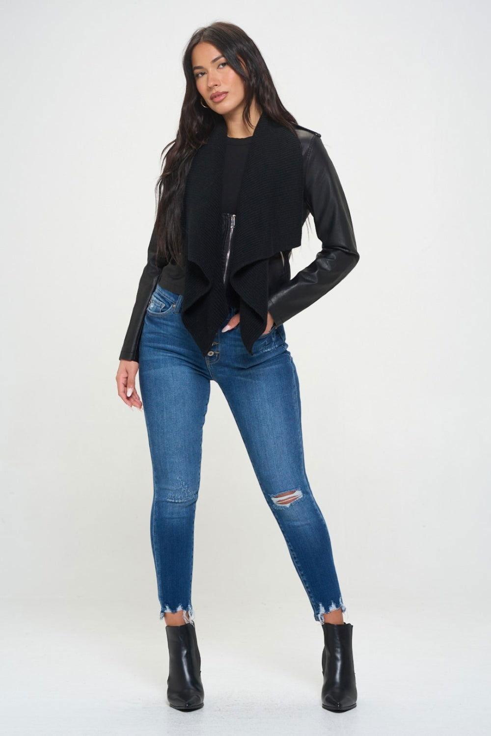 Coalition LA Knit Collared Faux Leather Crop Jacket - Clothes For Her Online Store