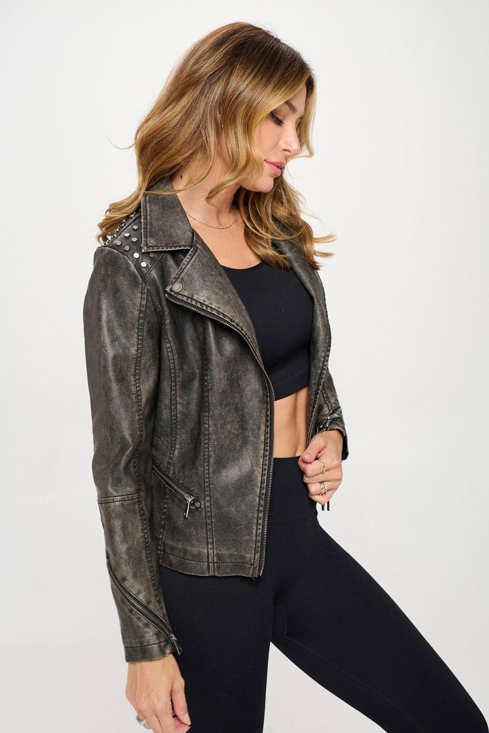 Coalition LA Studded Classic Moto Faux Leather Jacket - Clothes For Her Online Store