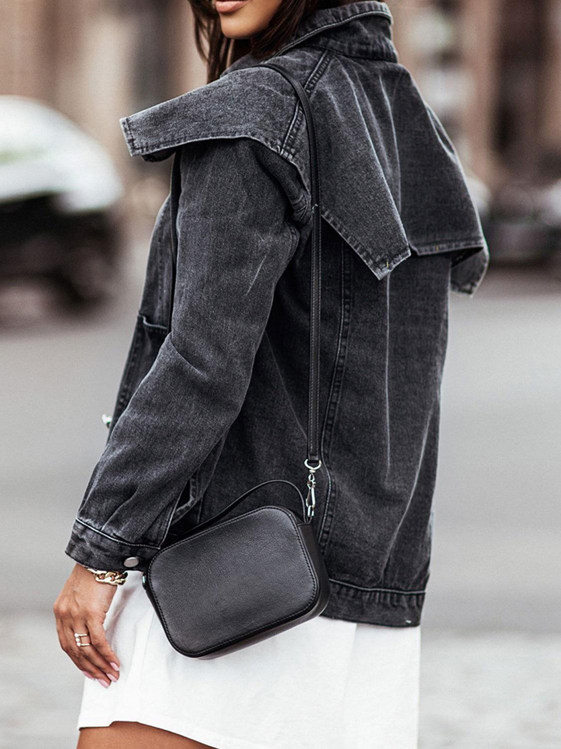 Collared Neck Button Down Denim Jacket - Clothes For Her Online Store