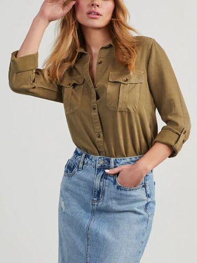 Collared Neck Button Down Denim Top - Clothes For Her Online Store