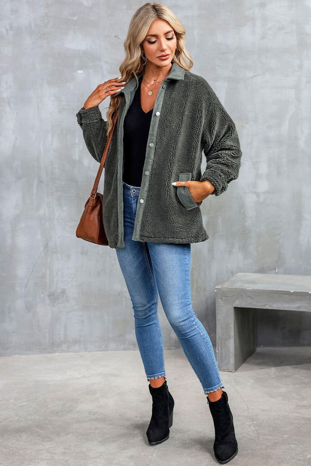 Collared Neck Drop Shoulder Jacket - Clothes For Her Online Store
