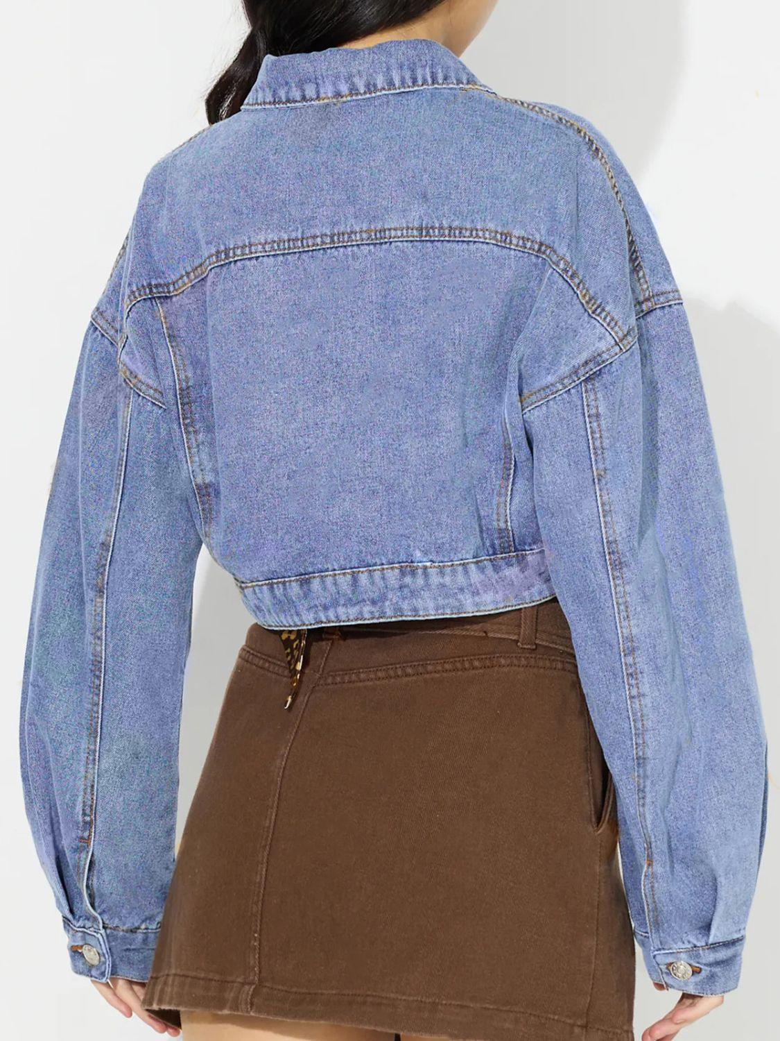 Collared Neck Dropped Shoulder Cropped Denim Top - Clothes For Her Online Store