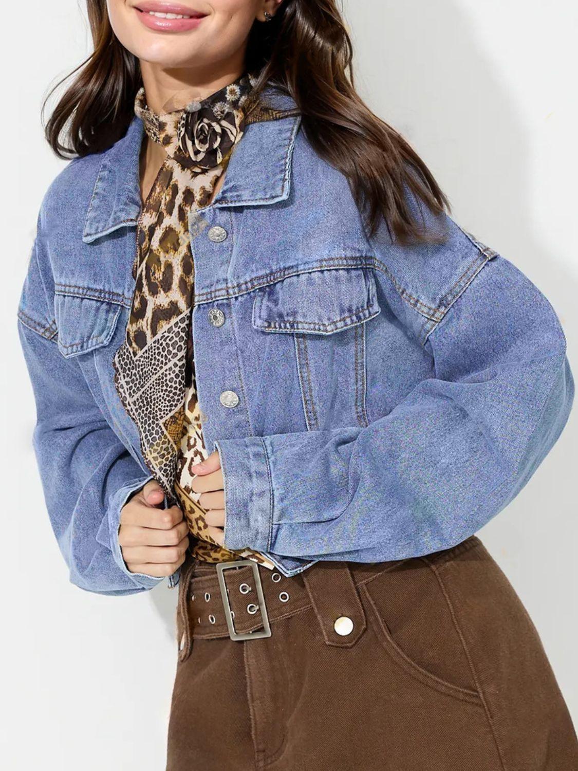 Collared Neck Dropped Shoulder Cropped Denim Top - Clothes For Her Online Store