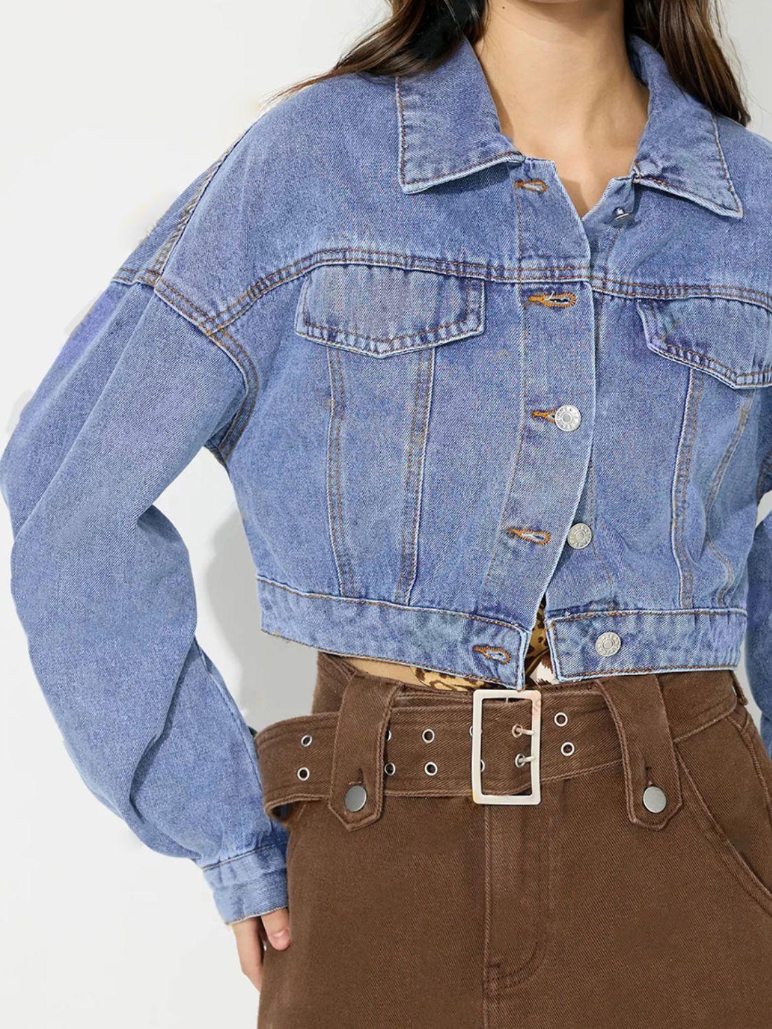 Collared Neck Dropped Shoulder Cropped Denim Top - Clothes For Her Online Store