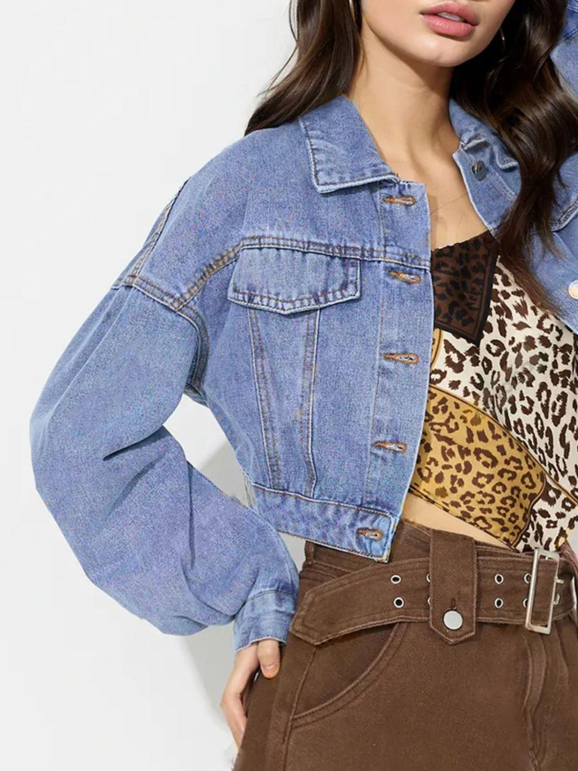Collared Neck Dropped Shoulder Cropped Denim Top - Clothes For Her Online Store