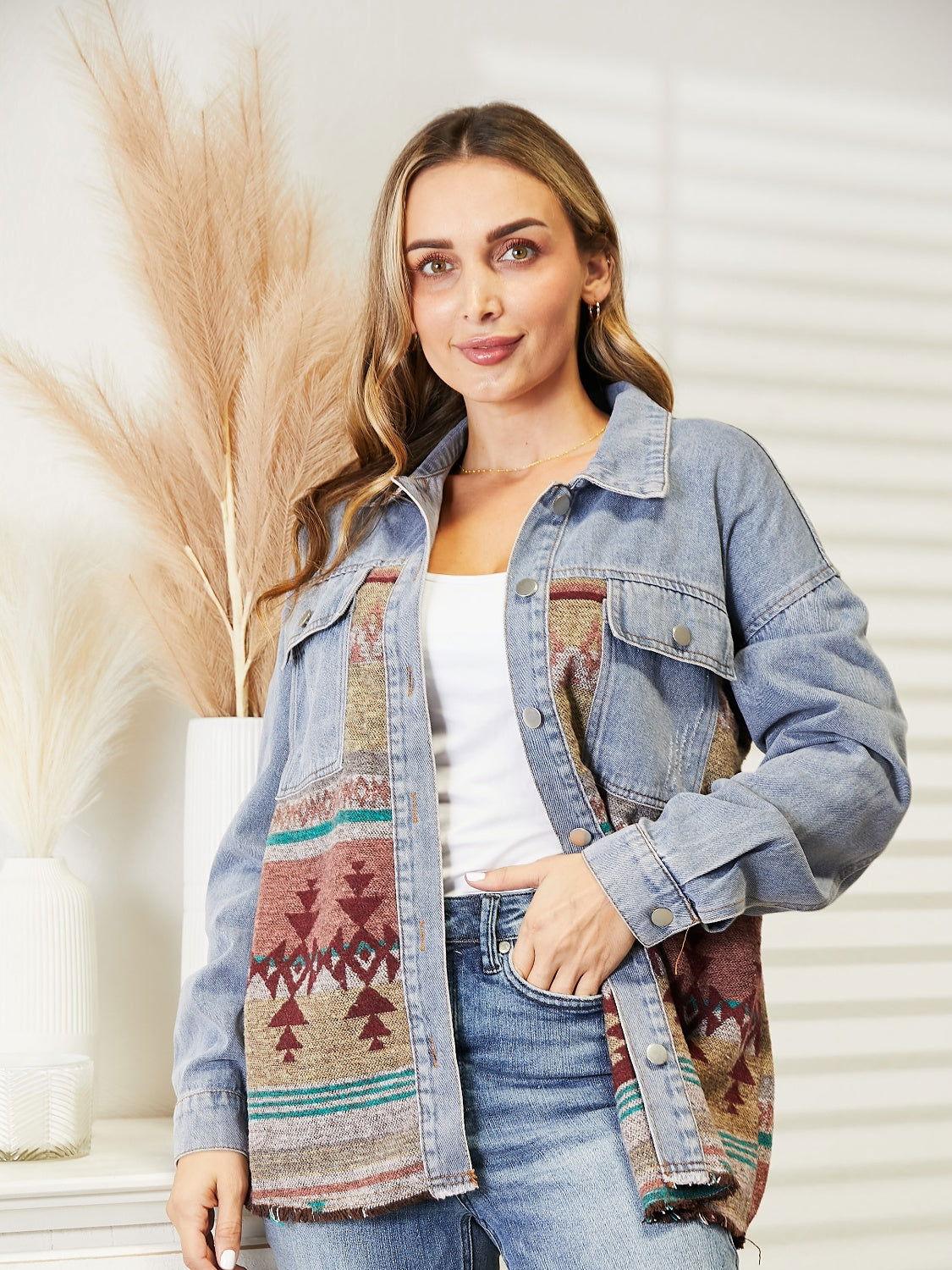 Collared Neck Dropped Shoulder Denim Jacket - Clothes For Her Online Store
