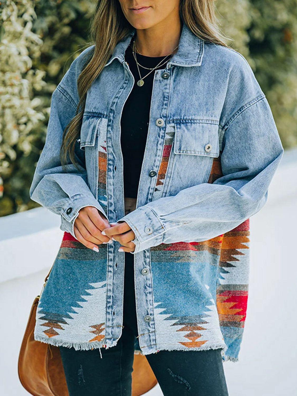 Collared Neck Dropped Shoulder Denim Jacket - Clothes For Her Online Store