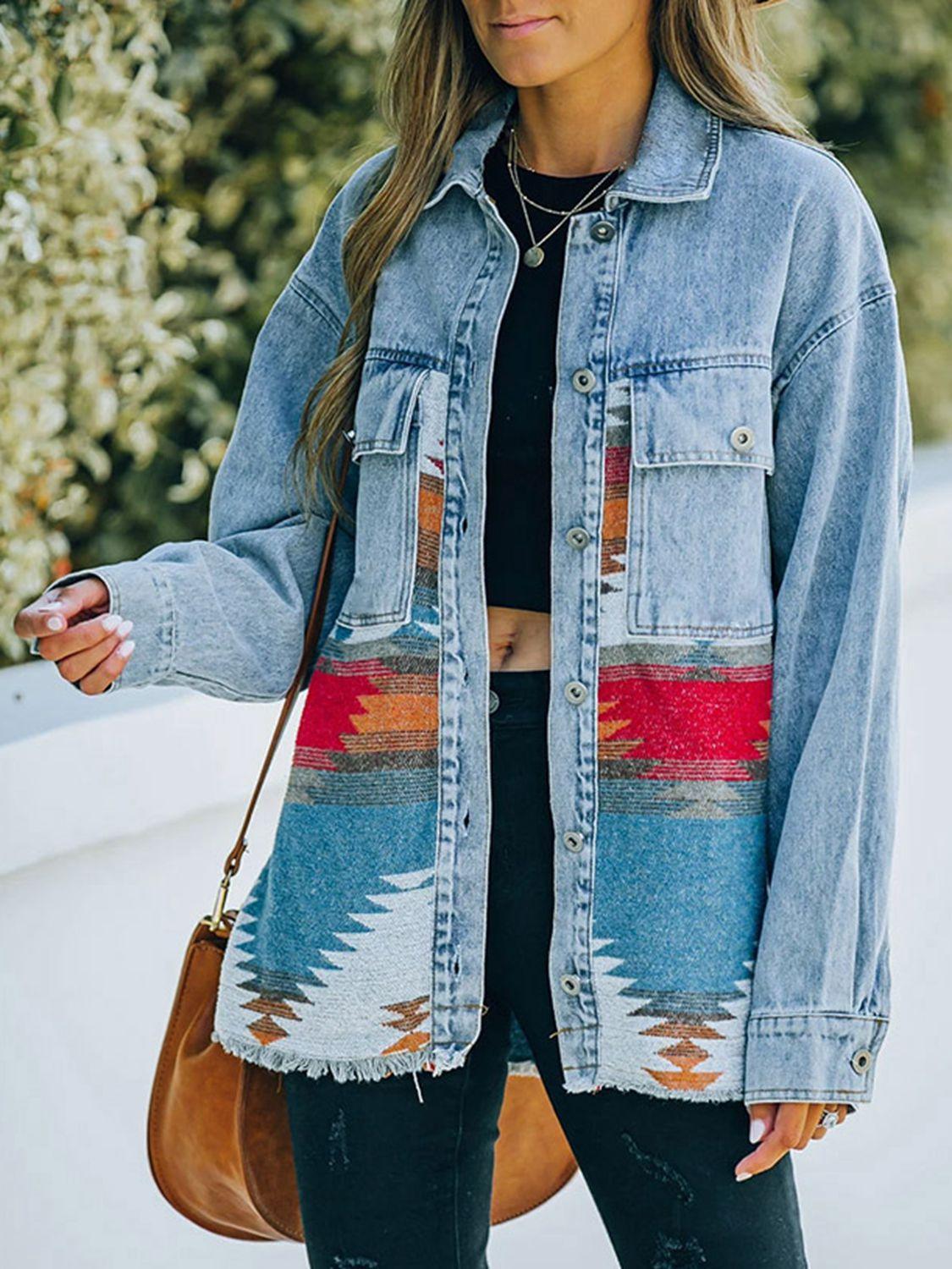 Collared Neck Dropped Shoulder Denim Jacket - Clothes For Her Online Store