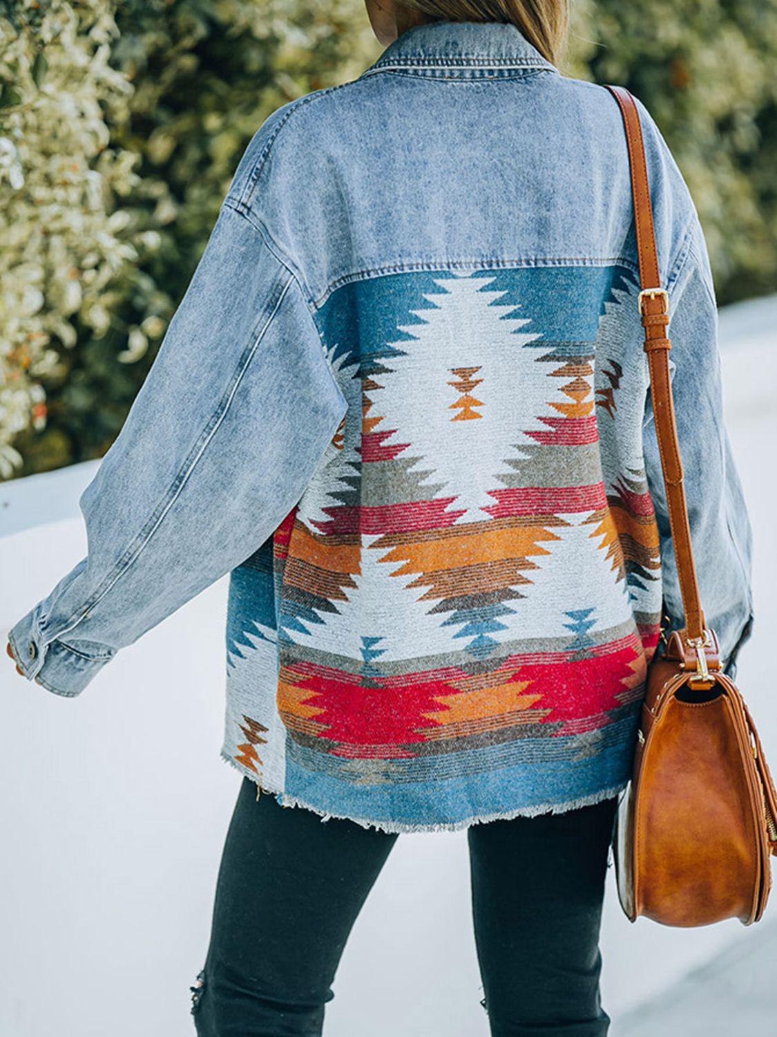 Collared Neck Dropped Shoulder Denim Jacket - Clothes For Her Online Store