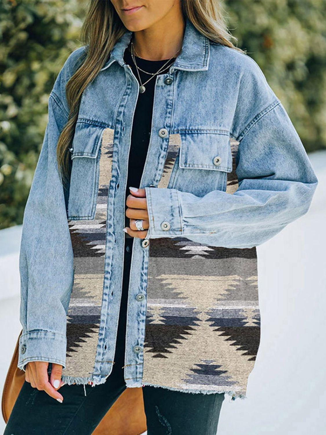 Collared Neck Dropped Shoulder Denim Jacket - Clothes For Her Online Store