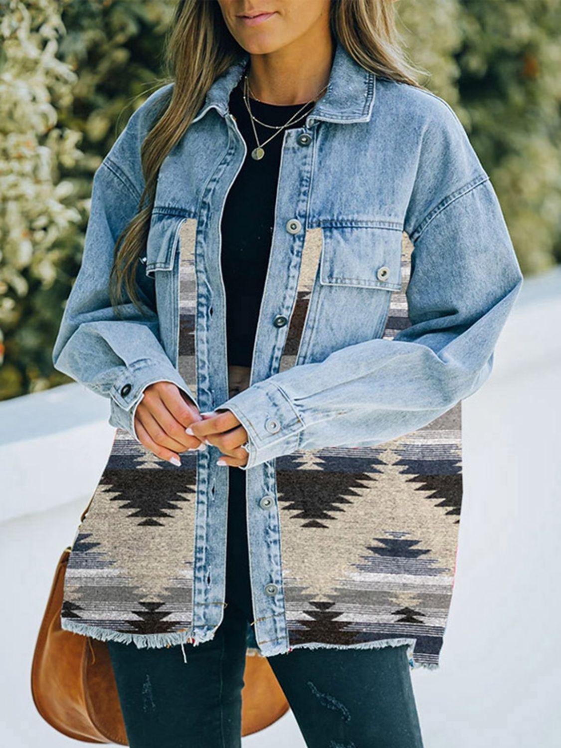 Collared Neck Dropped Shoulder Denim Jacket - Clothes For Her Online Store