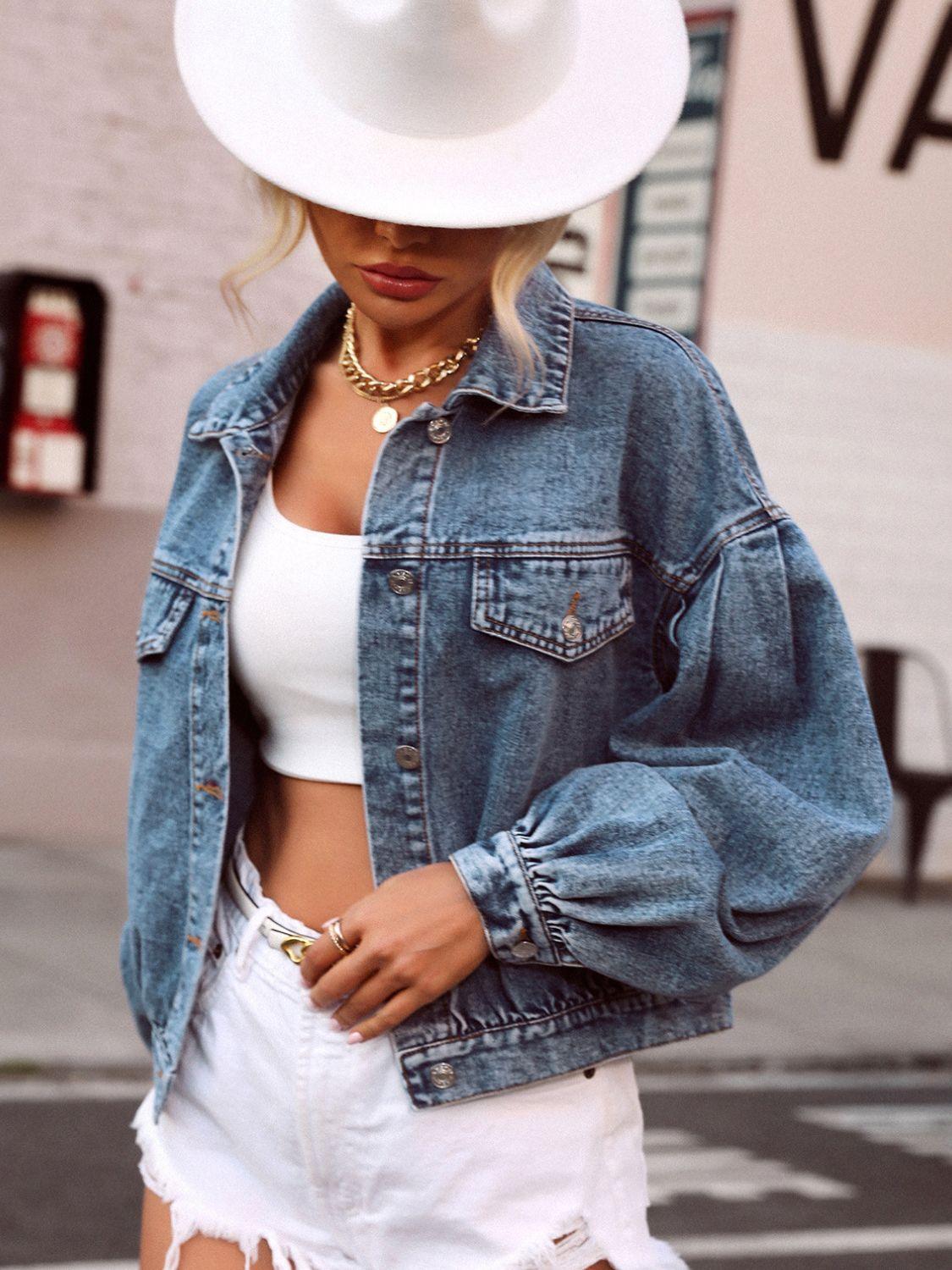 Collared Neck Dropped Shoulder Denim Top - Clothes For Her Online Store