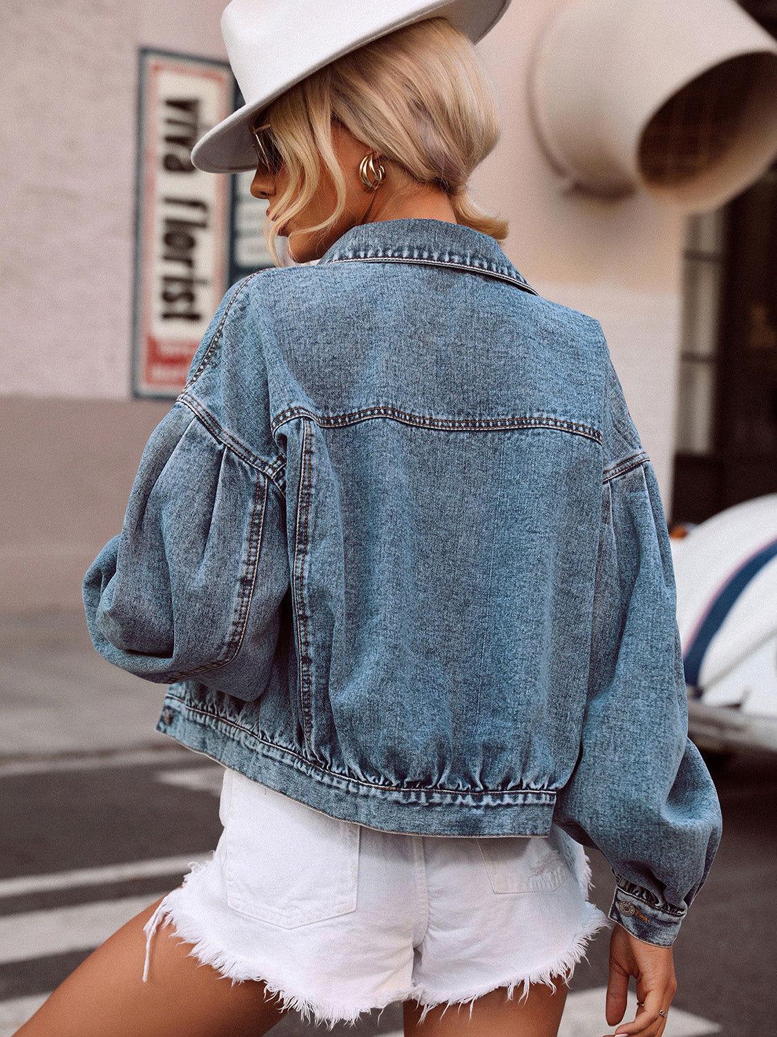 Collared Neck Dropped Shoulder Denim Top - Clothes For Her Online Store