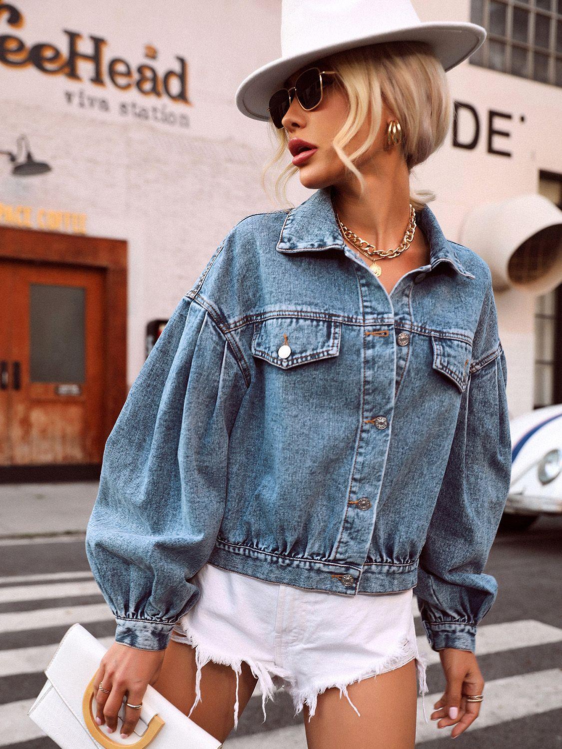 Collared Neck Dropped Shoulder Denim Top - Clothes For Her Online Store
