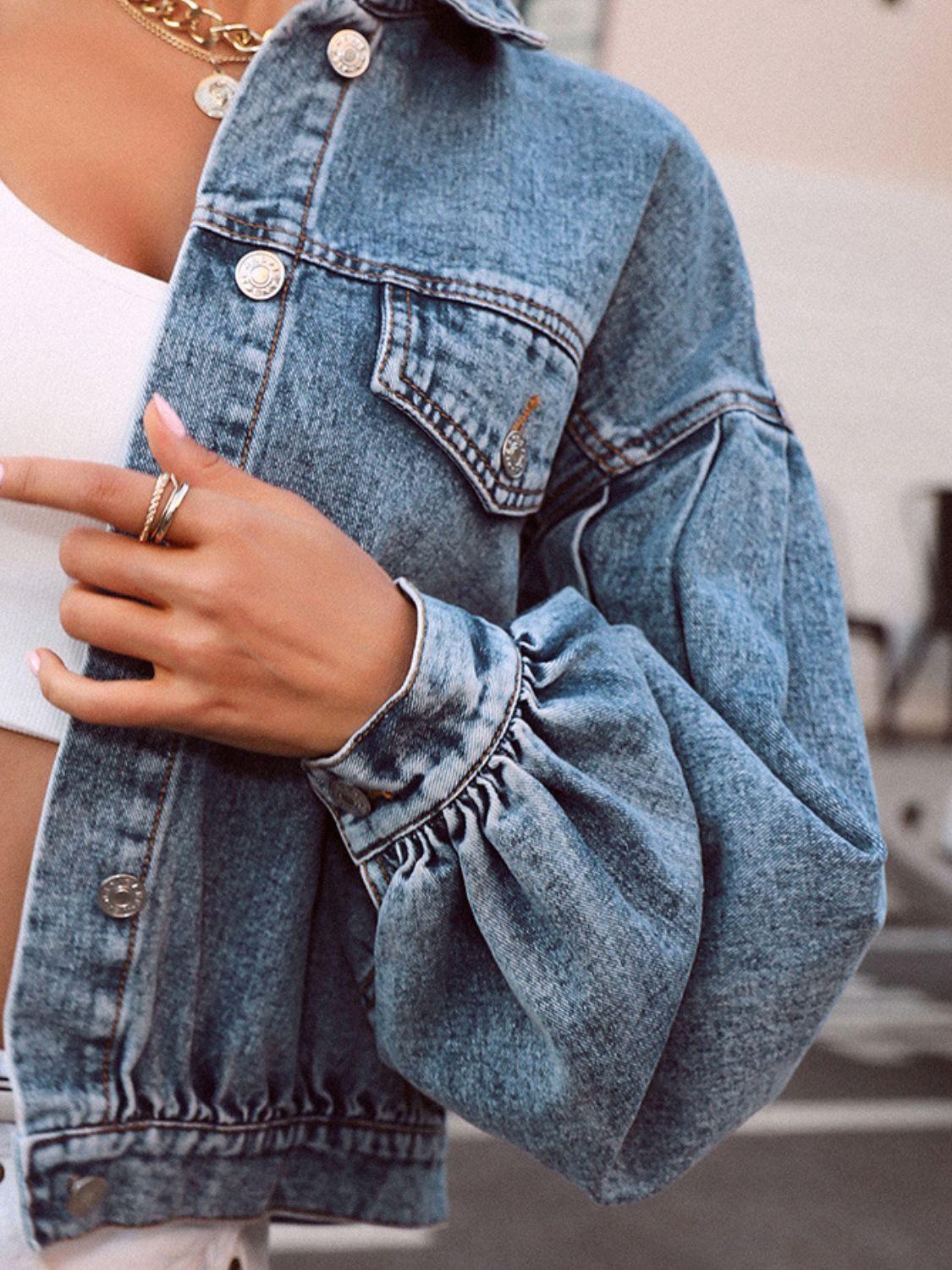 Collared Neck Dropped Shoulder Denim Top - Clothes For Her Online Store
