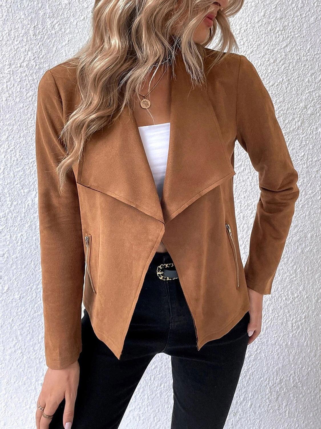 Collared Neck Long Sleeve Jacket - Clothes For Her Online Store