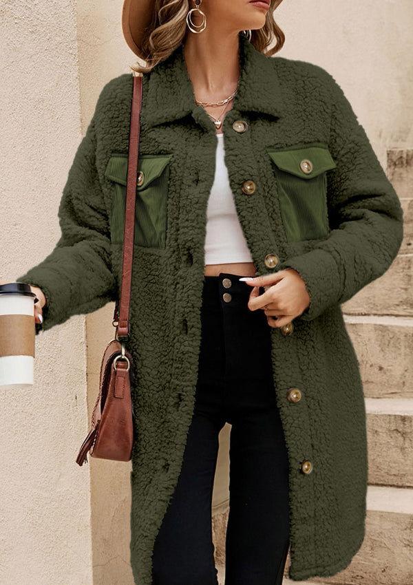Collared Neck Long Sleeve Longline Teddy Jacket - Clothes For Her Online Store