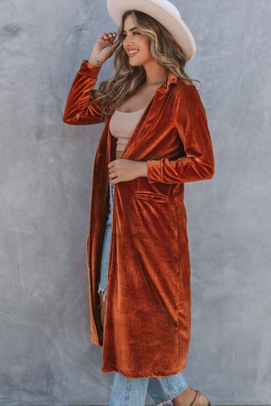 Collared Neck Longline Velvet Cardigan with Pockets - Clothes For Her Online Store