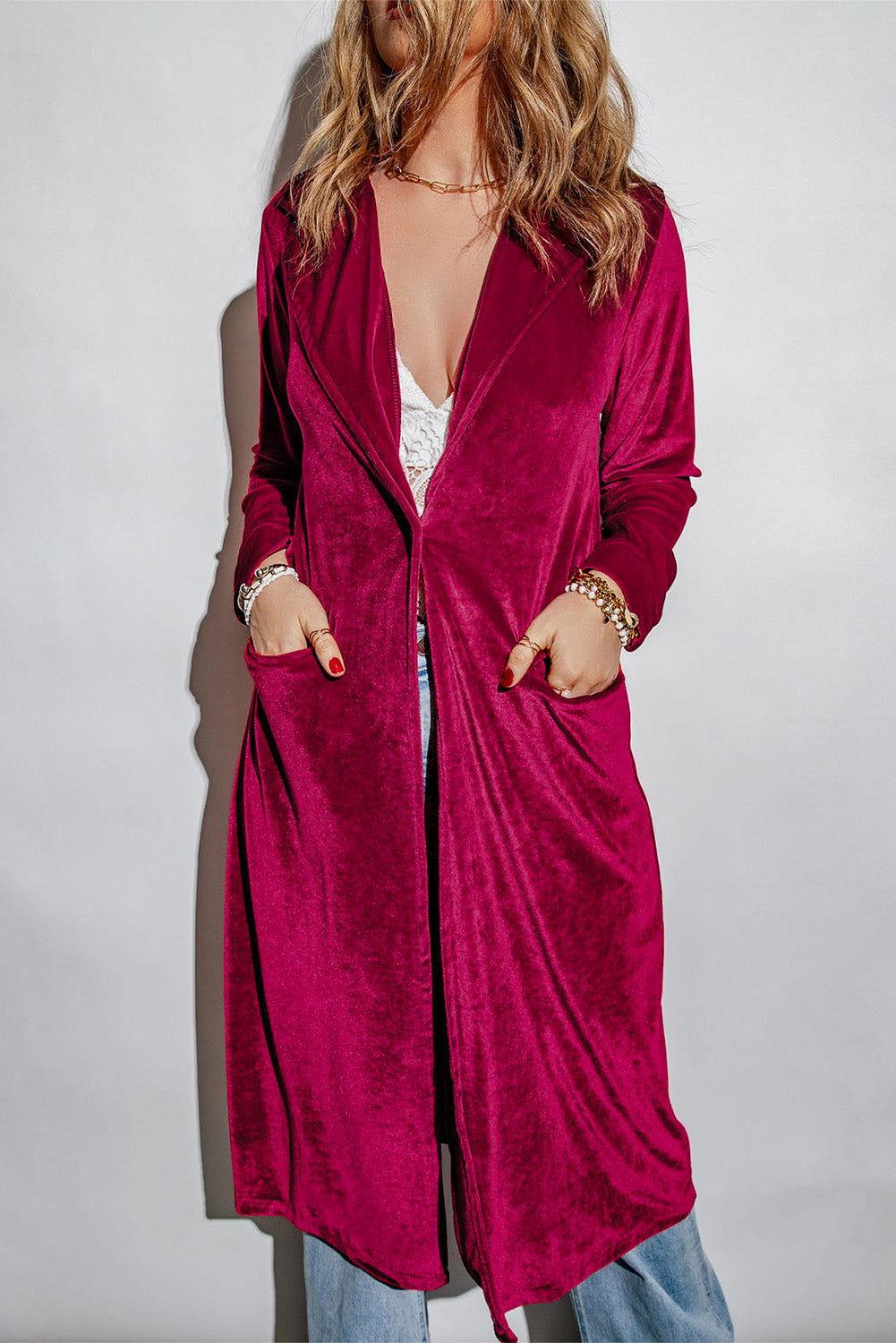 Collared Neck Longline Velvet Cardigan with Pockets - Clothes For Her Online Store