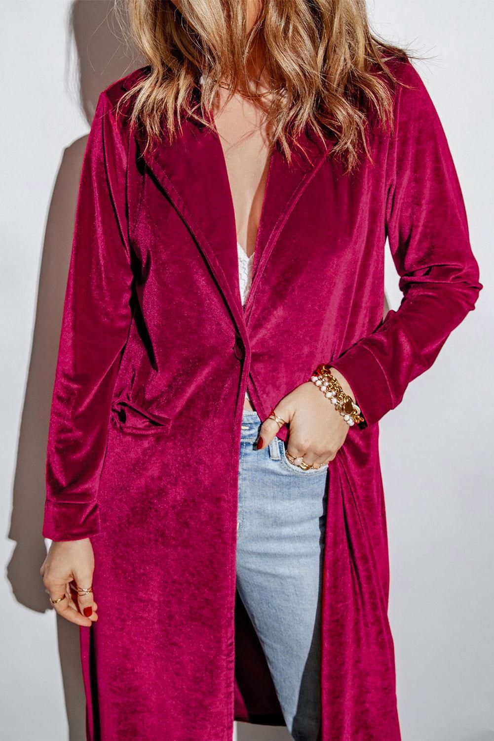 Collared Neck Longline Velvet Cardigan with Pockets - Clothes For Her Online Store