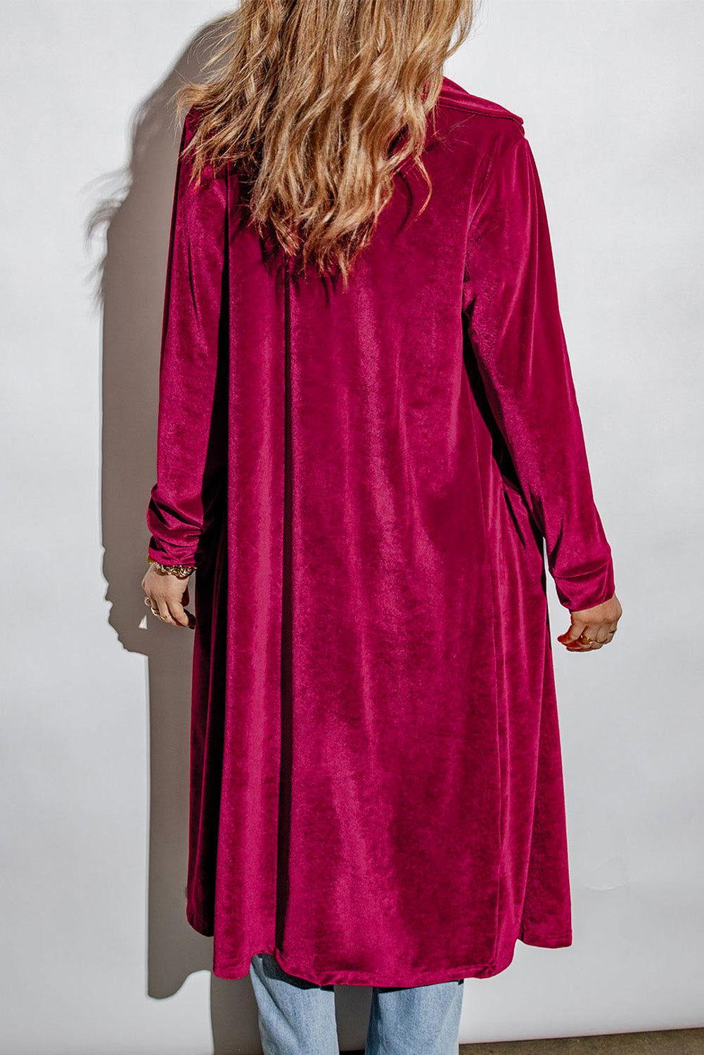 Collared Neck Longline Velvet Cardigan with Pockets - Clothes For Her Online Store