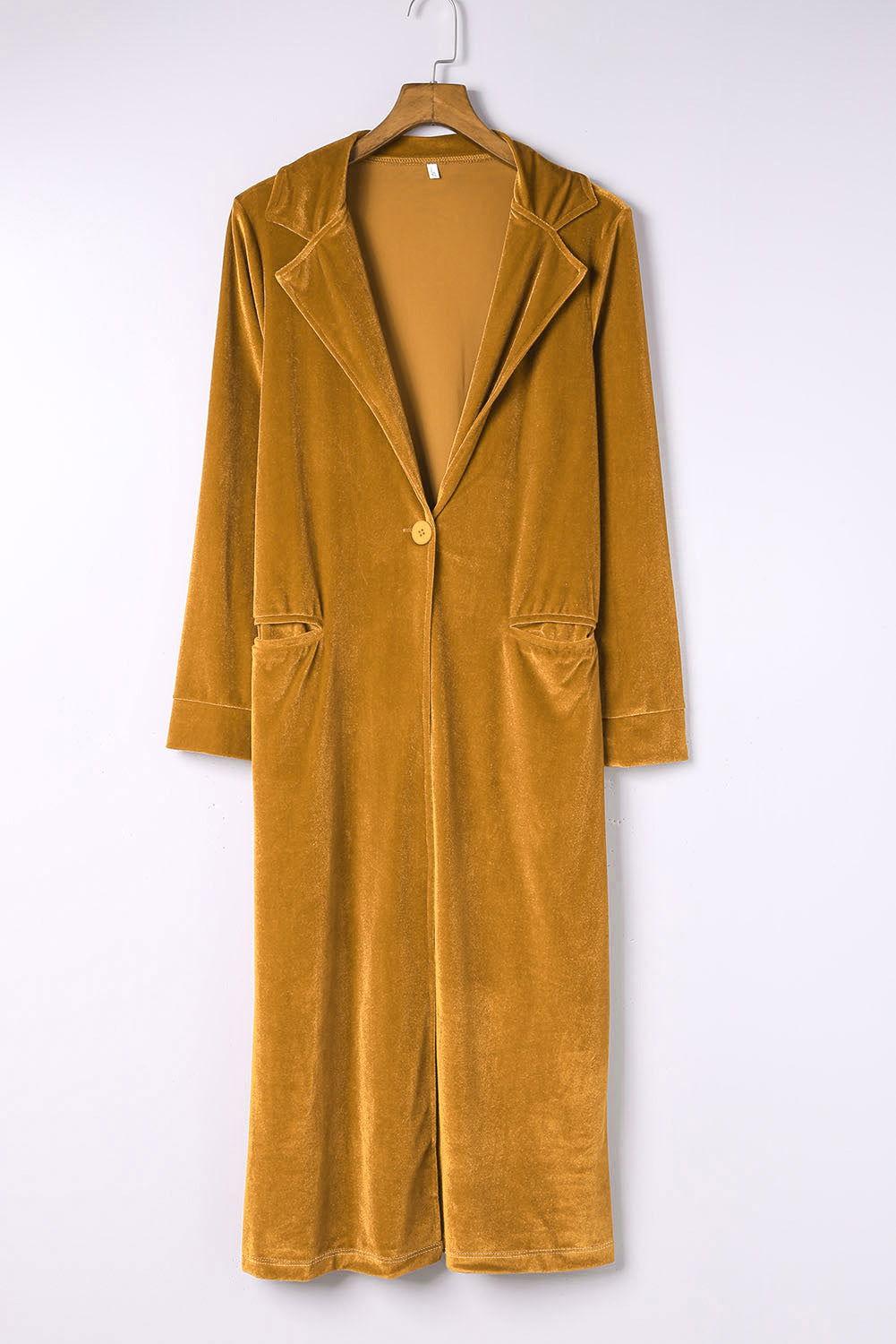 Collared Neck Longline Velvet Cardigan with Pockets - Clothes For Her Online Store