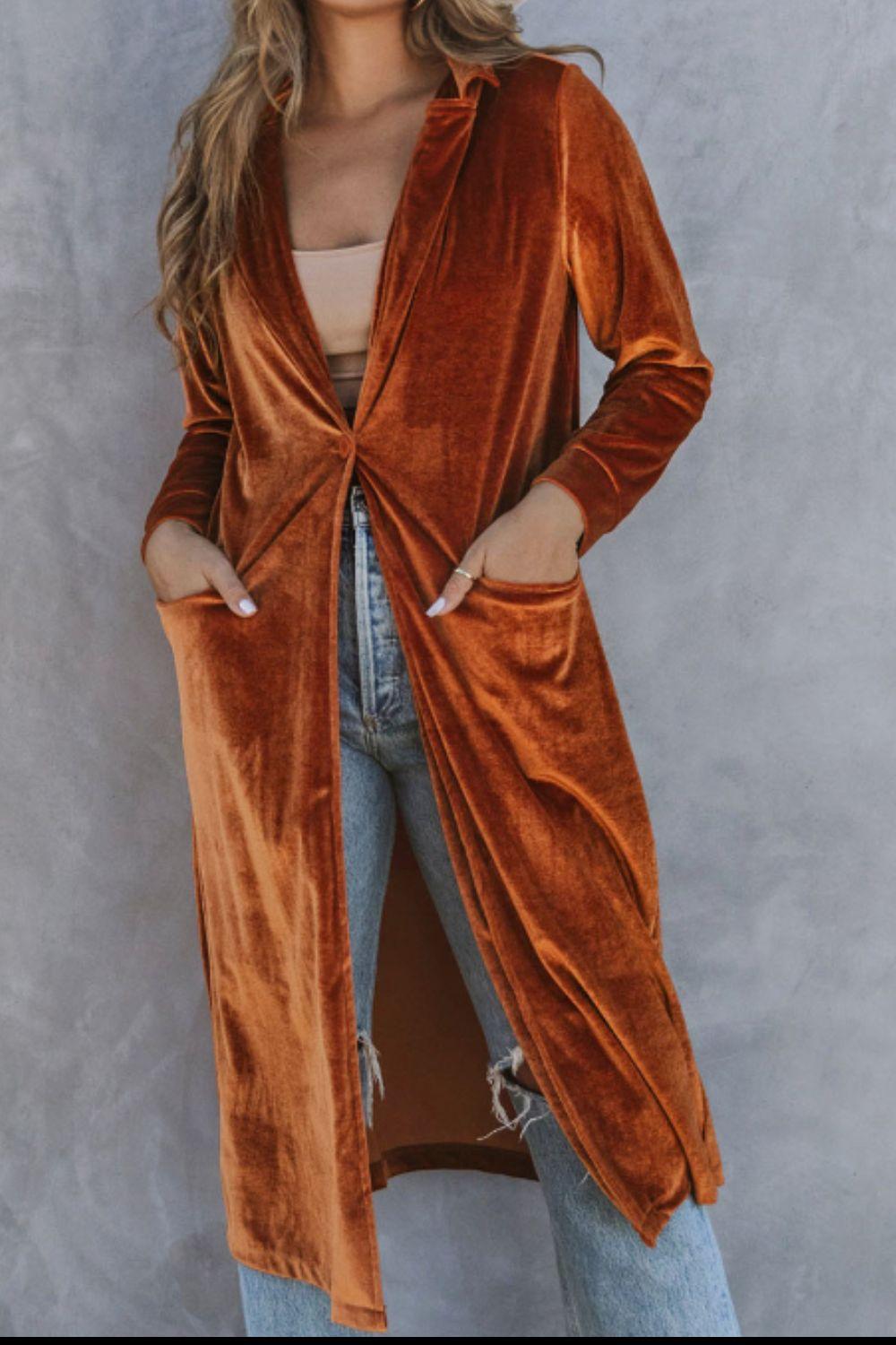 Collared Neck Longline Velvet Cardigan with Pockets - Clothes For Her Online Store