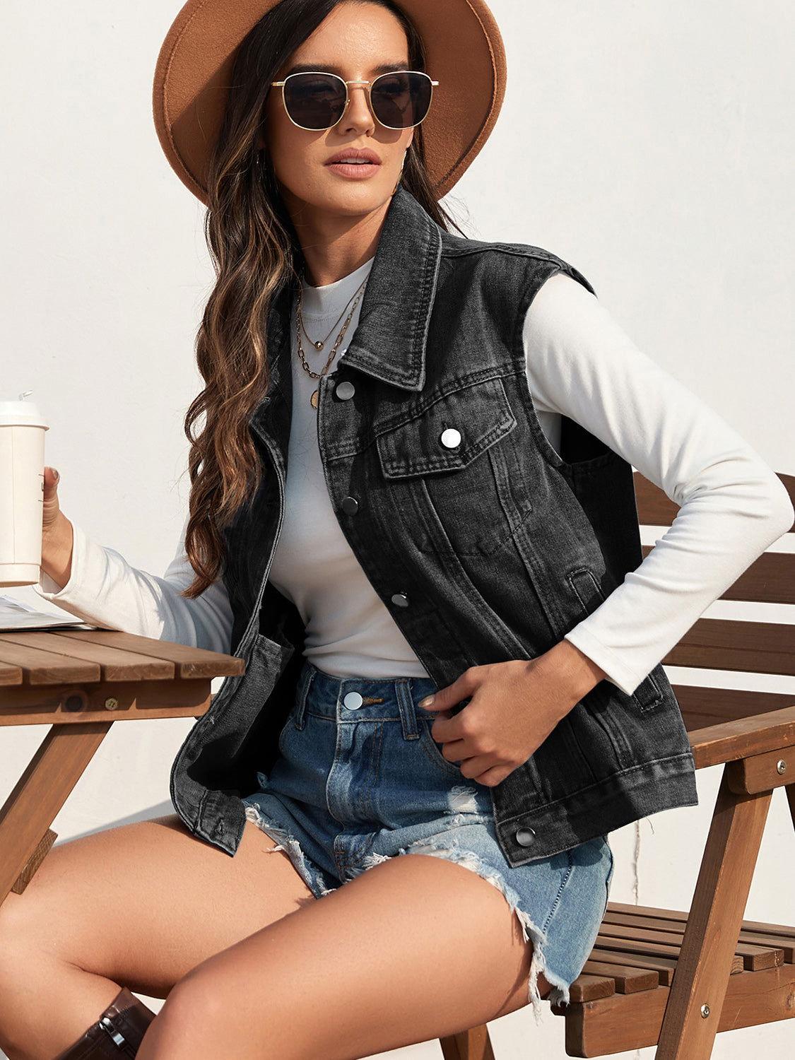 Collared Neck Sleeveless Denim Jacket - Clothes For Her Online Store
