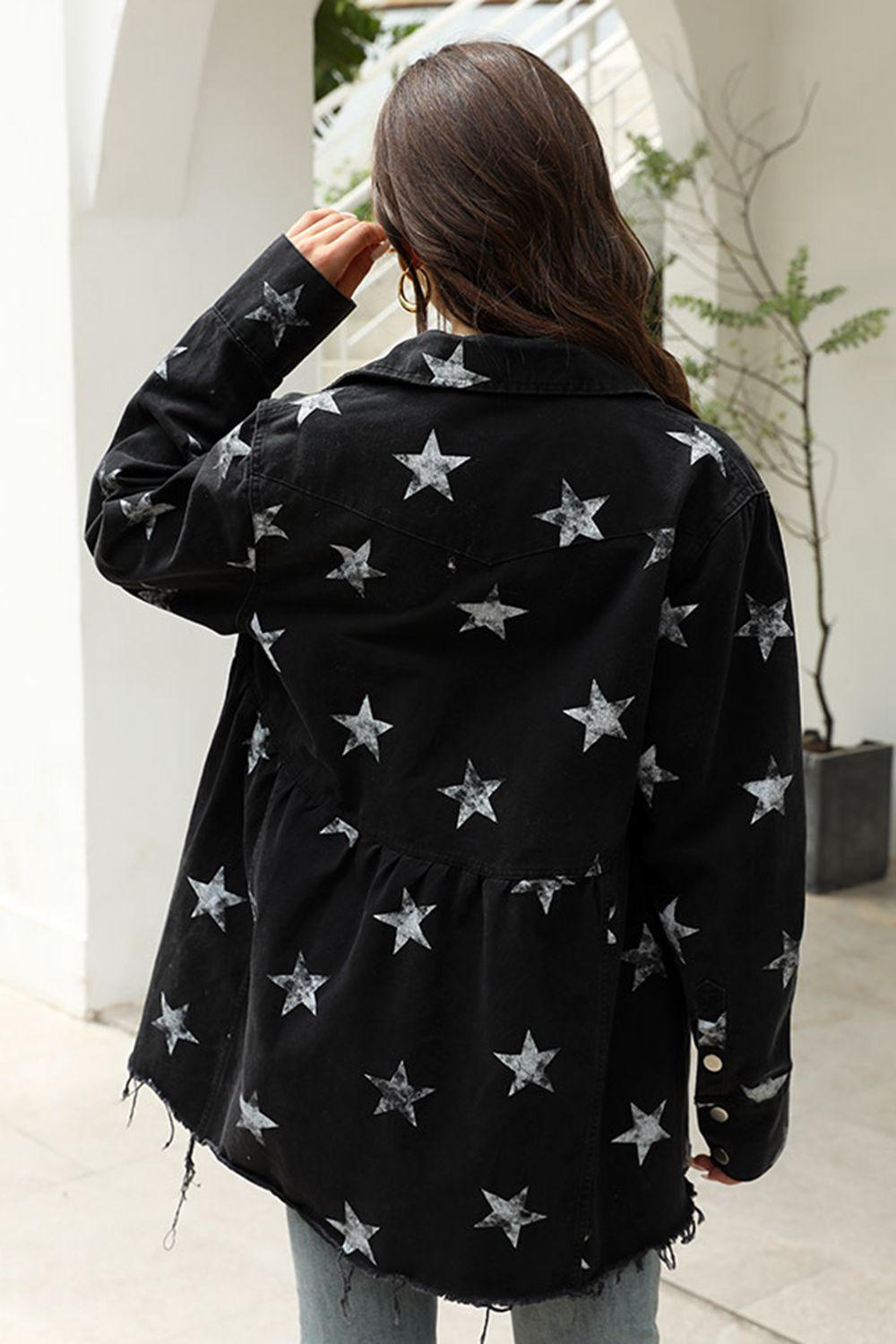 Collared Neck Star Print Long Sleeve Denim Jacket - Clothes For Her Online Store