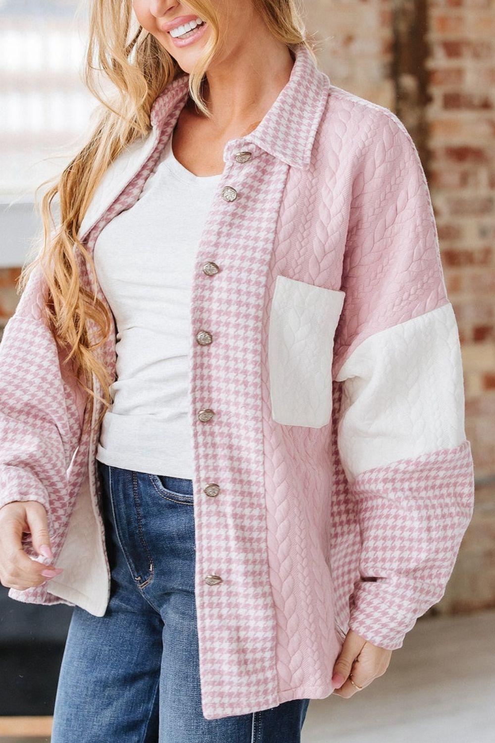 Color Block Houndstooth Collared Neck Shacket - Clothes For Her Online Store