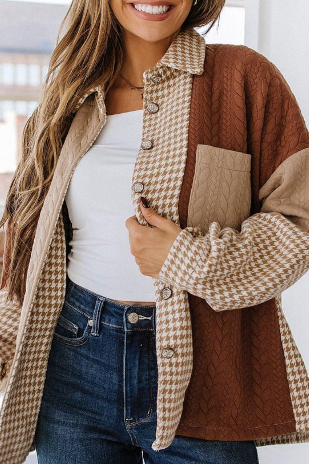 Color Block Houndstooth Collared Neck Shacket - Clothes For Her Online Store