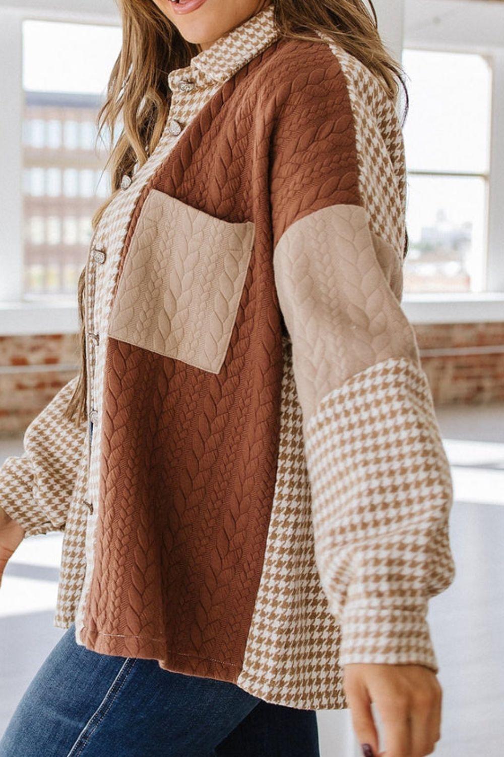 Color Block Houndstooth Collared Neck Shacket - Clothes For Her Online Store