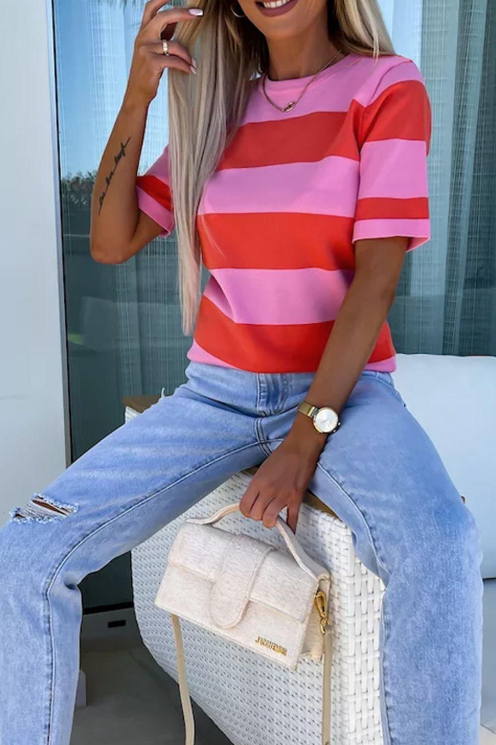 Color Block Round Neck Half Sleeve Top - Clothes For Her Online Store