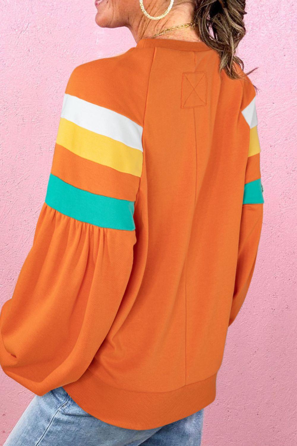 Color Block Round Neck Long Sleeve Sweatshirt - Clothes For Her Online Store