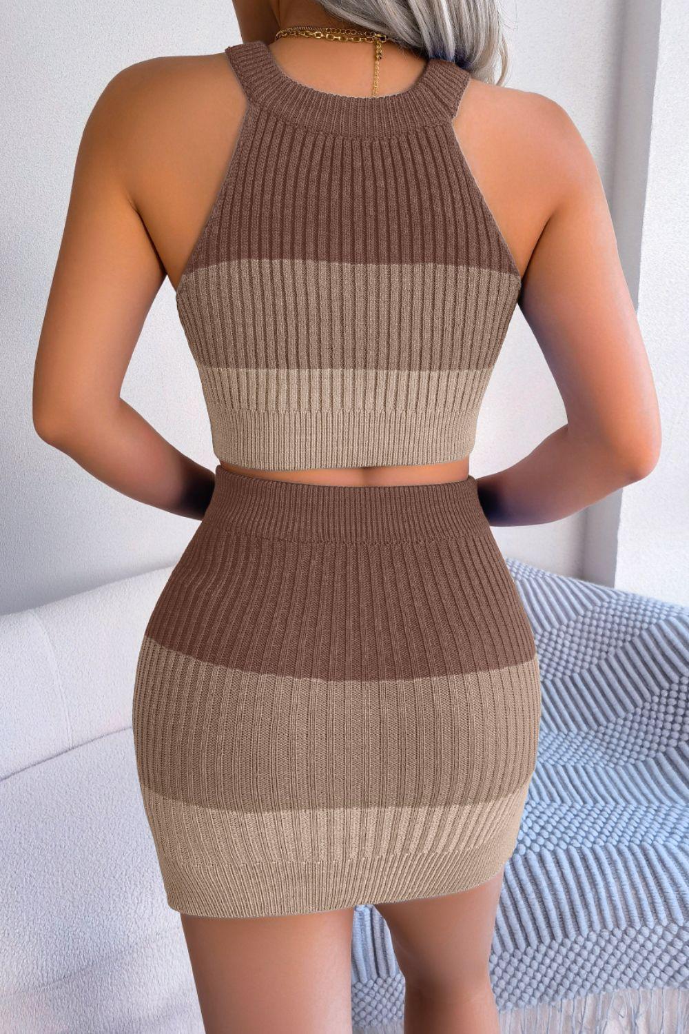 Color Block Sleeveless Crop Knit Top and Skirt Set - Clothes For Her Online Store
