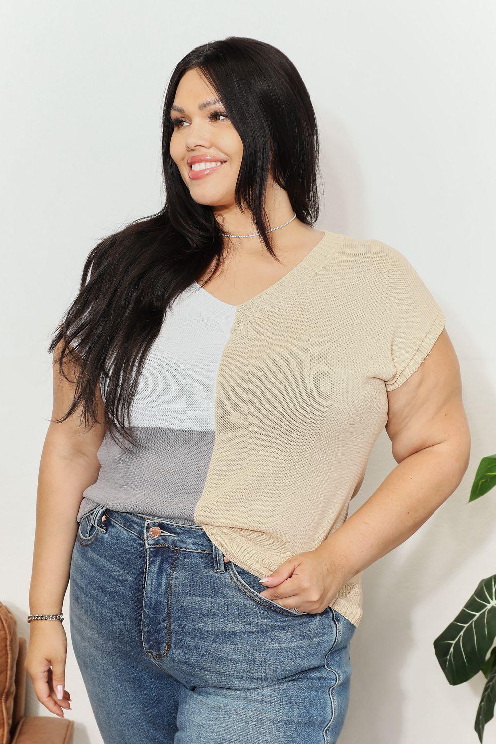 Color Block V-Neck Knit Top - Clothes For Her Online Store