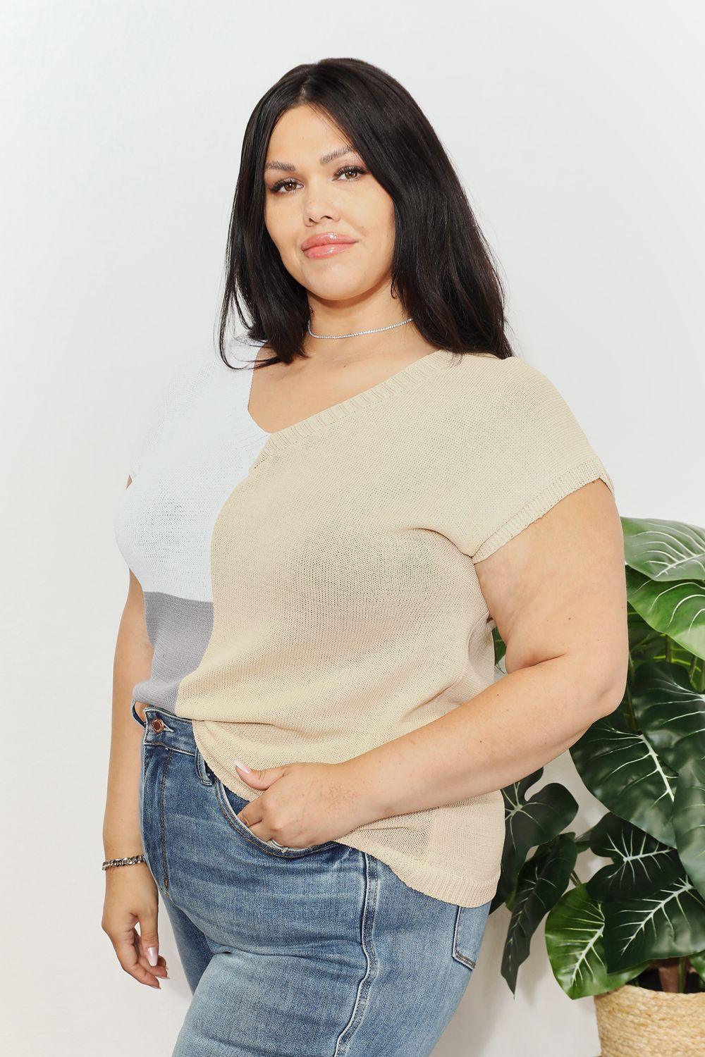 Color Block V-Neck Knit Top - Clothes For Her Online Store