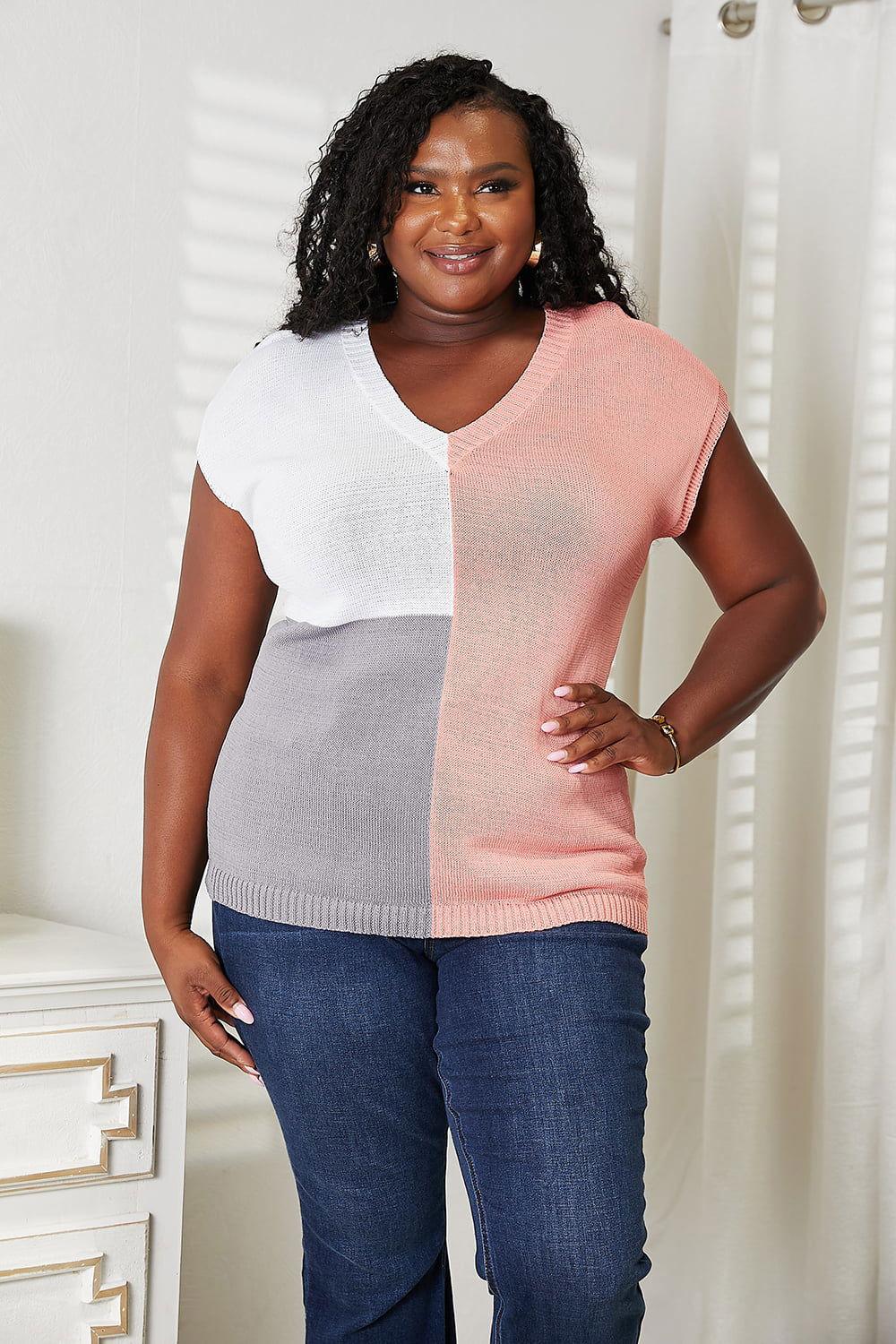 Color Block V-Neck Knit Top - Clothes For Her Online Store