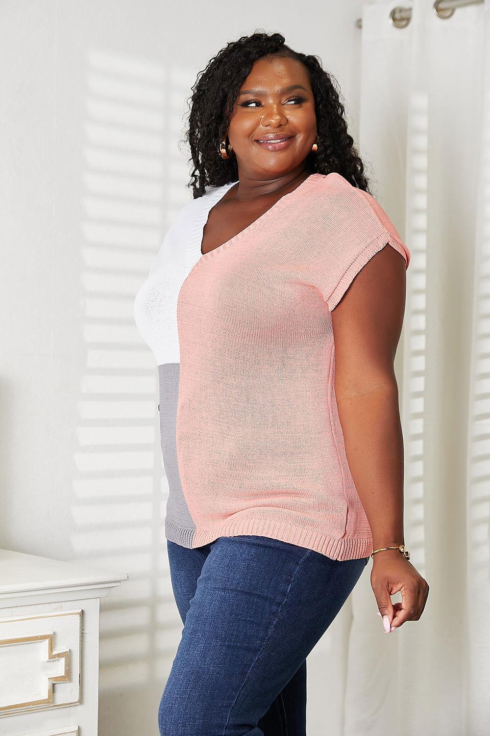 Color Block V-Neck Knit Top - Clothes For Her Online Store