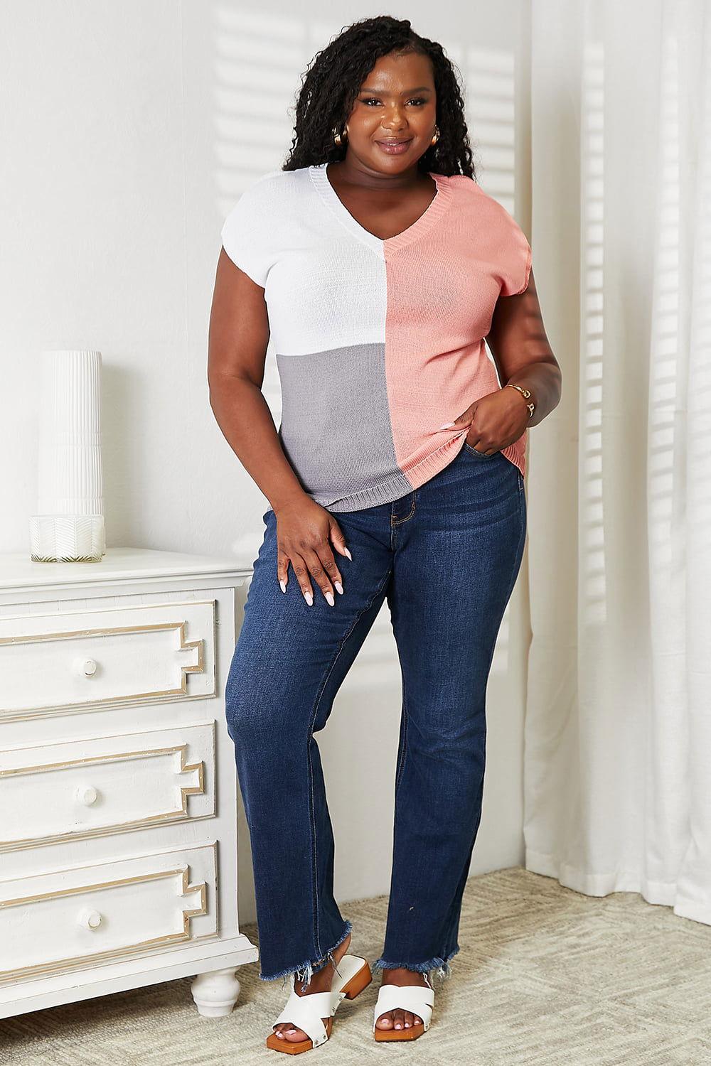 Color Block V-Neck Knit Top - Clothes For Her Online Store