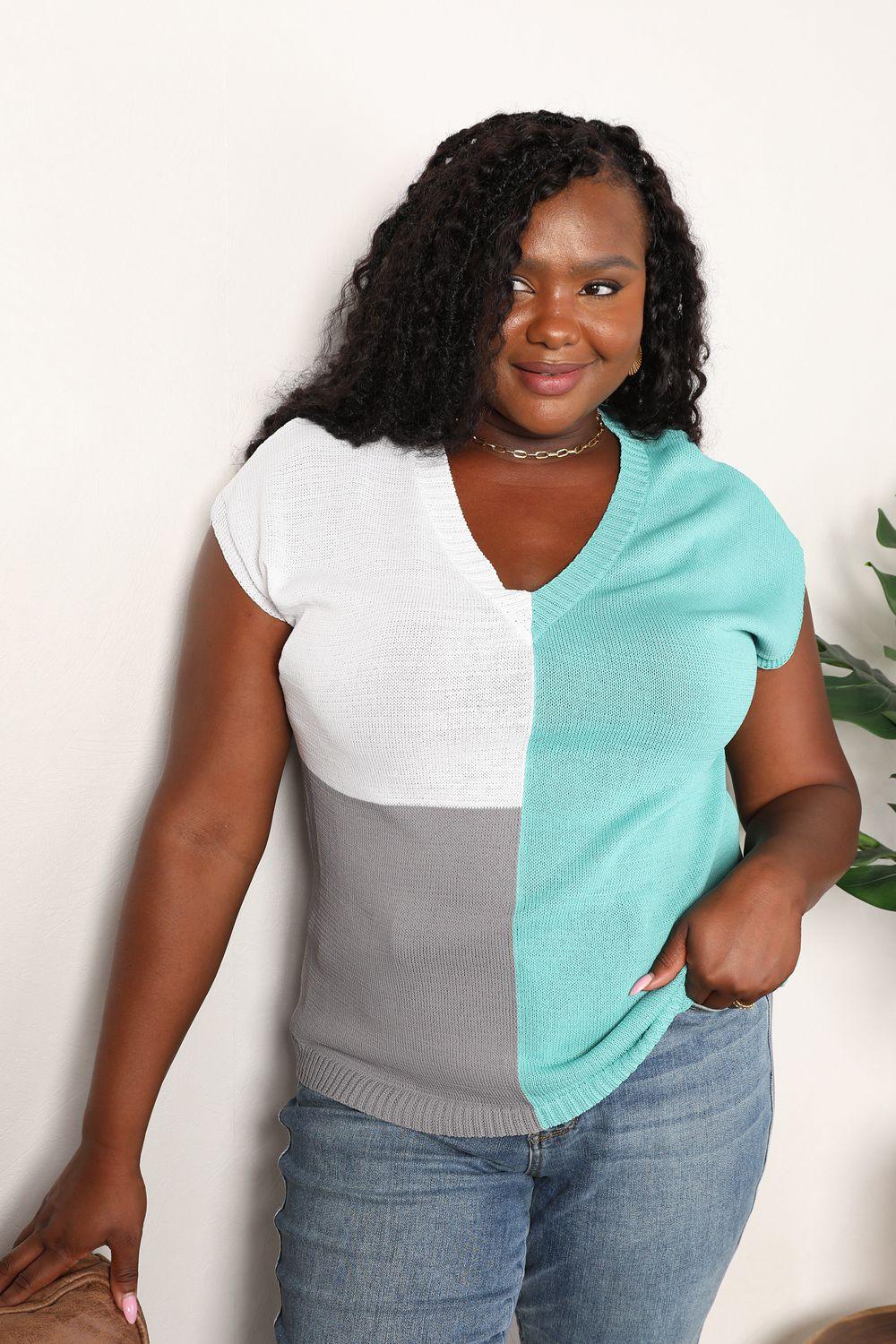 Color Block V-Neck Knit Top - Clothes For Her Online Store