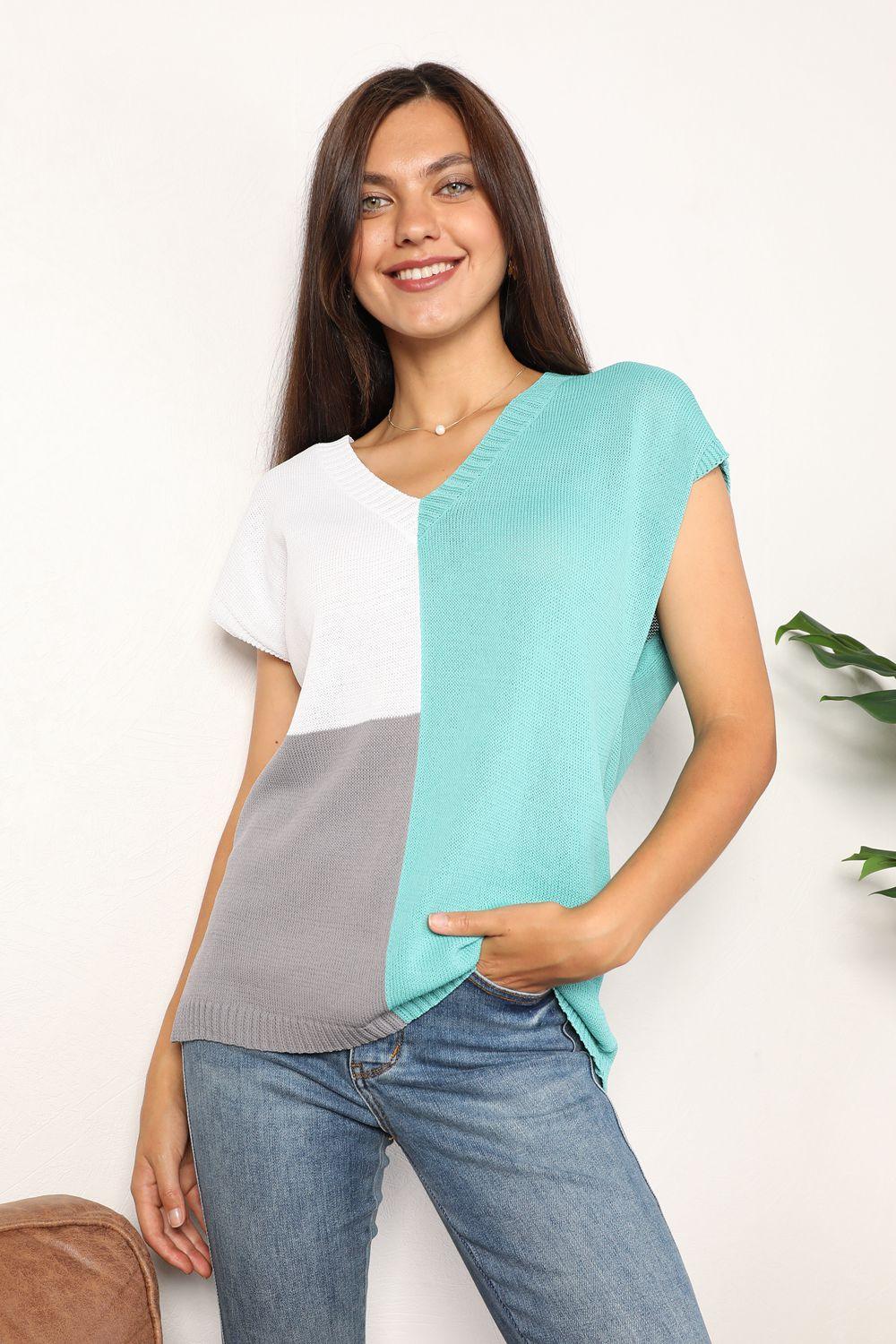 Color Block V-Neck Knit Top - Clothes For Her Online Store